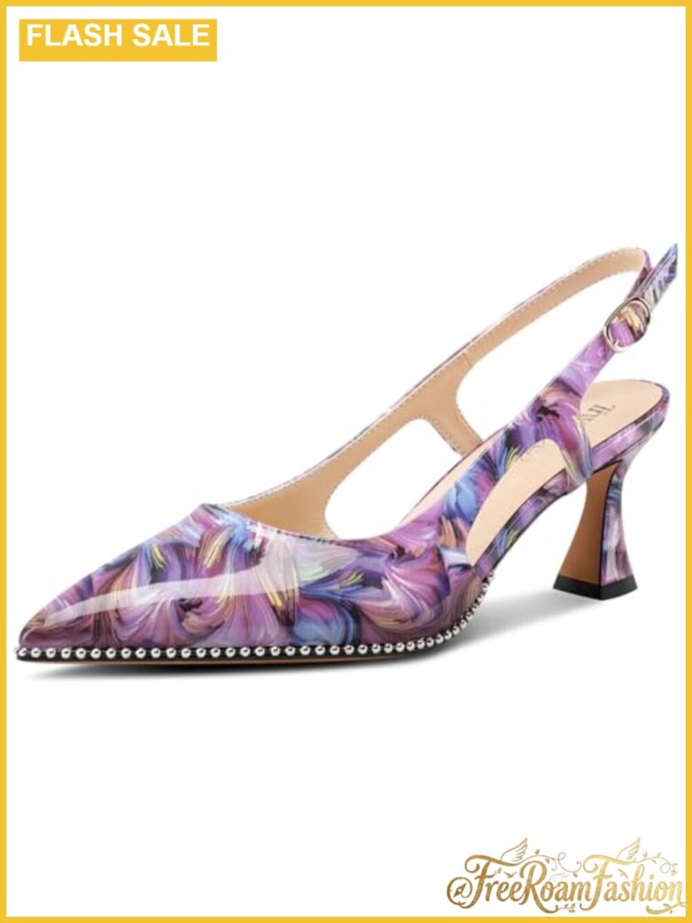 Kitten Heel Pointed Toe Slingback Pumps Beaded Patent Leather Dress Heels